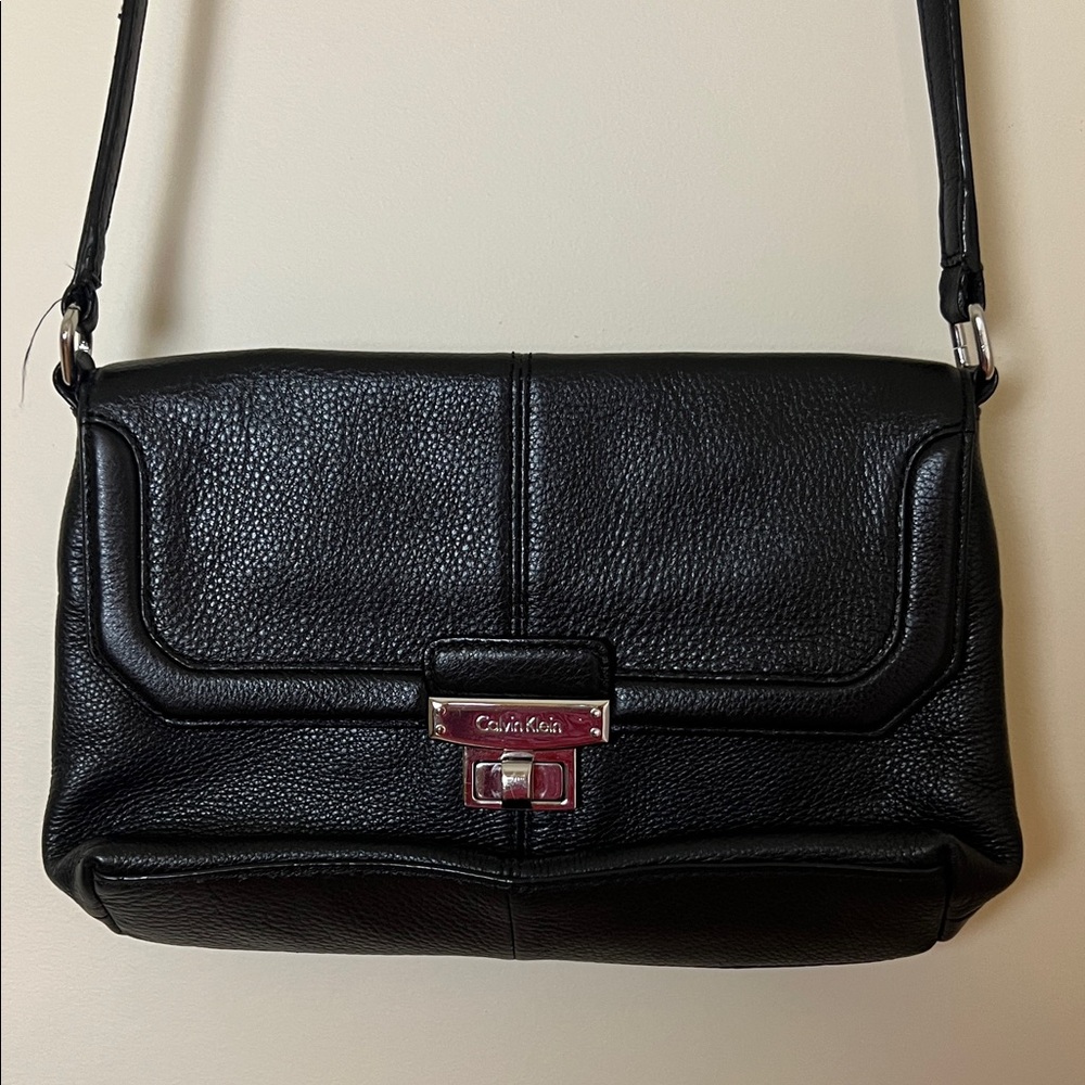 Calvin Klein Black Leather Shoulder Hand Bag Designer Small 11x7"